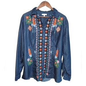 Home Folk Floral Aztec Embroidered Denim Shirt